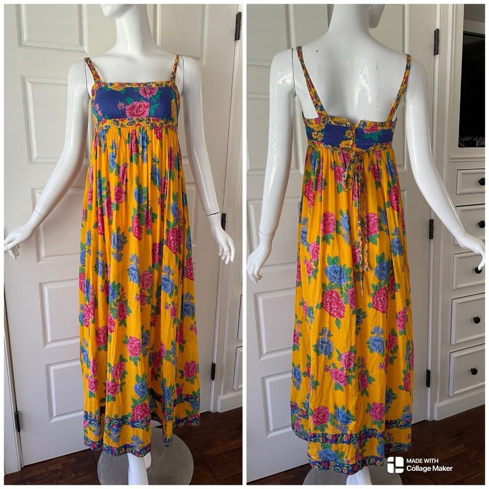 1970s Vtg Joan Leslie By Kasper Floral Cotton Maxi Sundress Empire Waist Boho XS